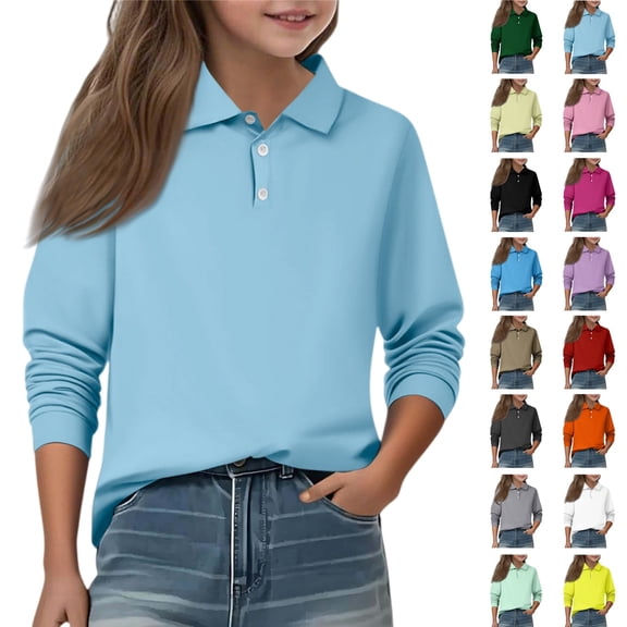 YOUYEDIAN Long Sleeve Polo Shirts for Boys Size 6-7 Kids Golf School Uniforms Toddler Girls Spring Collared T Shirt Dress Athletic Outfits (Light Blue)
