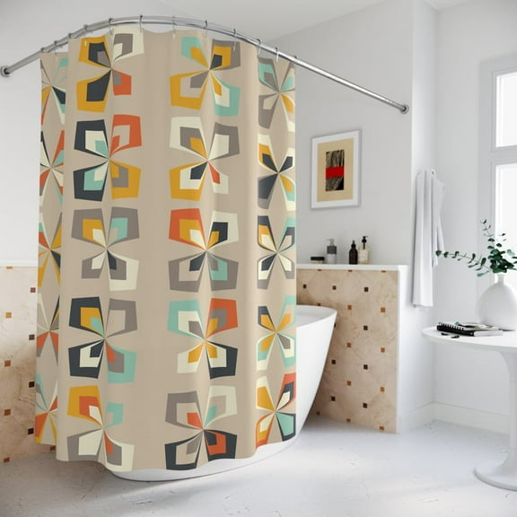 Retro 60s 70s Mid Century Modern Geometric Shower Curtain, Abstract Vintage Floral Brown Orange, Teal Bathroom Decor, Retro Bath Curtain 60x72in