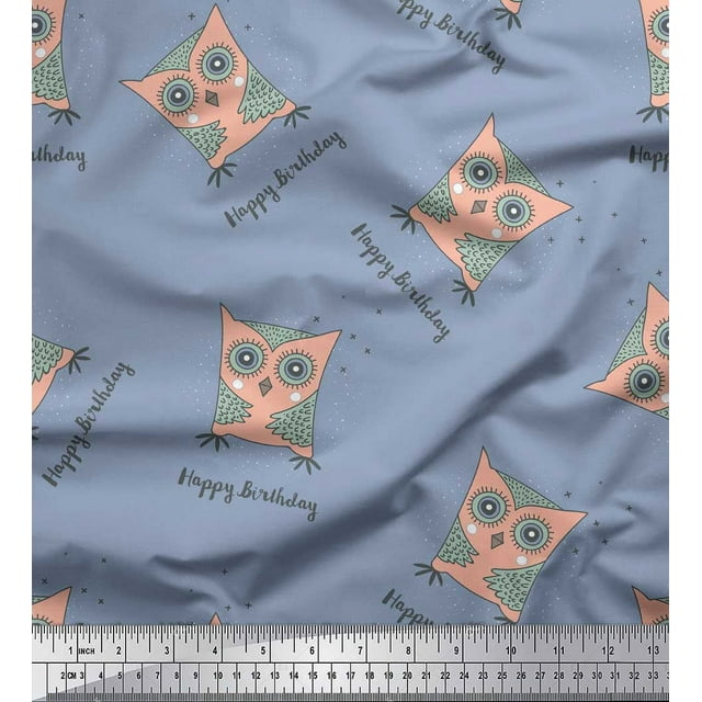 Soimoi Blue Japan Crepe Satin Fabric Text & Owl Cartoon Print Fabric by Yard 42 Inch Wide