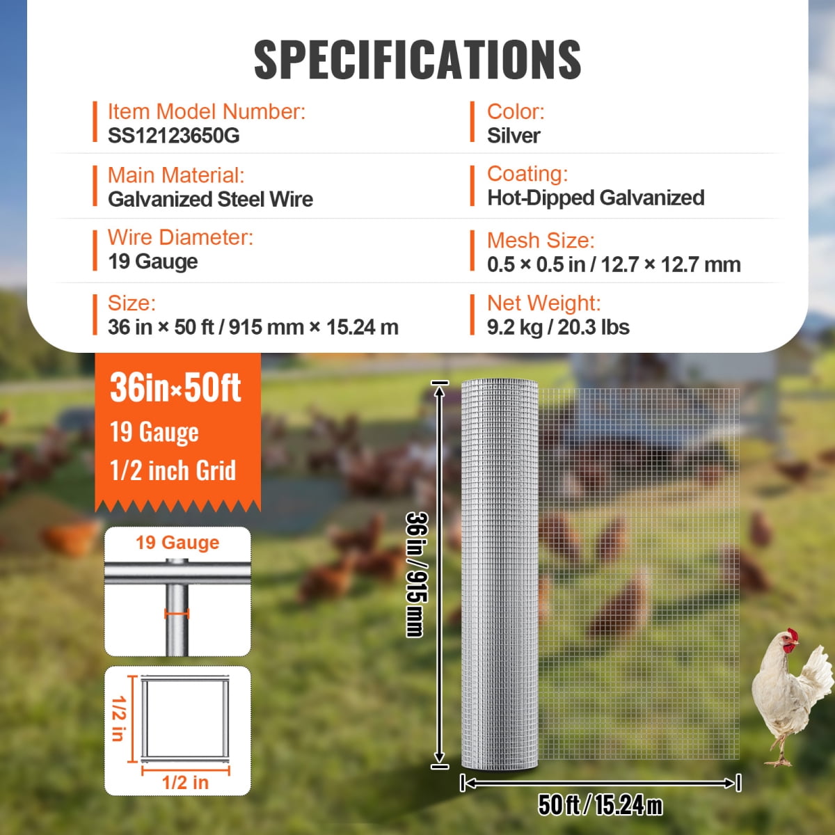 ZHICHUN 1/2 Inch 19 Gauge Hot Dipped Galvanized Hardware Cloth 36in x 50ft Steel Wire Mesh Roll for Rabbit Cages Garden & Small Rodent Protection