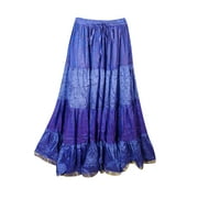 Mogul Womens Tiered Maxi Skirt Purple Printed Summer Silk Sari Hippy Long Skirts