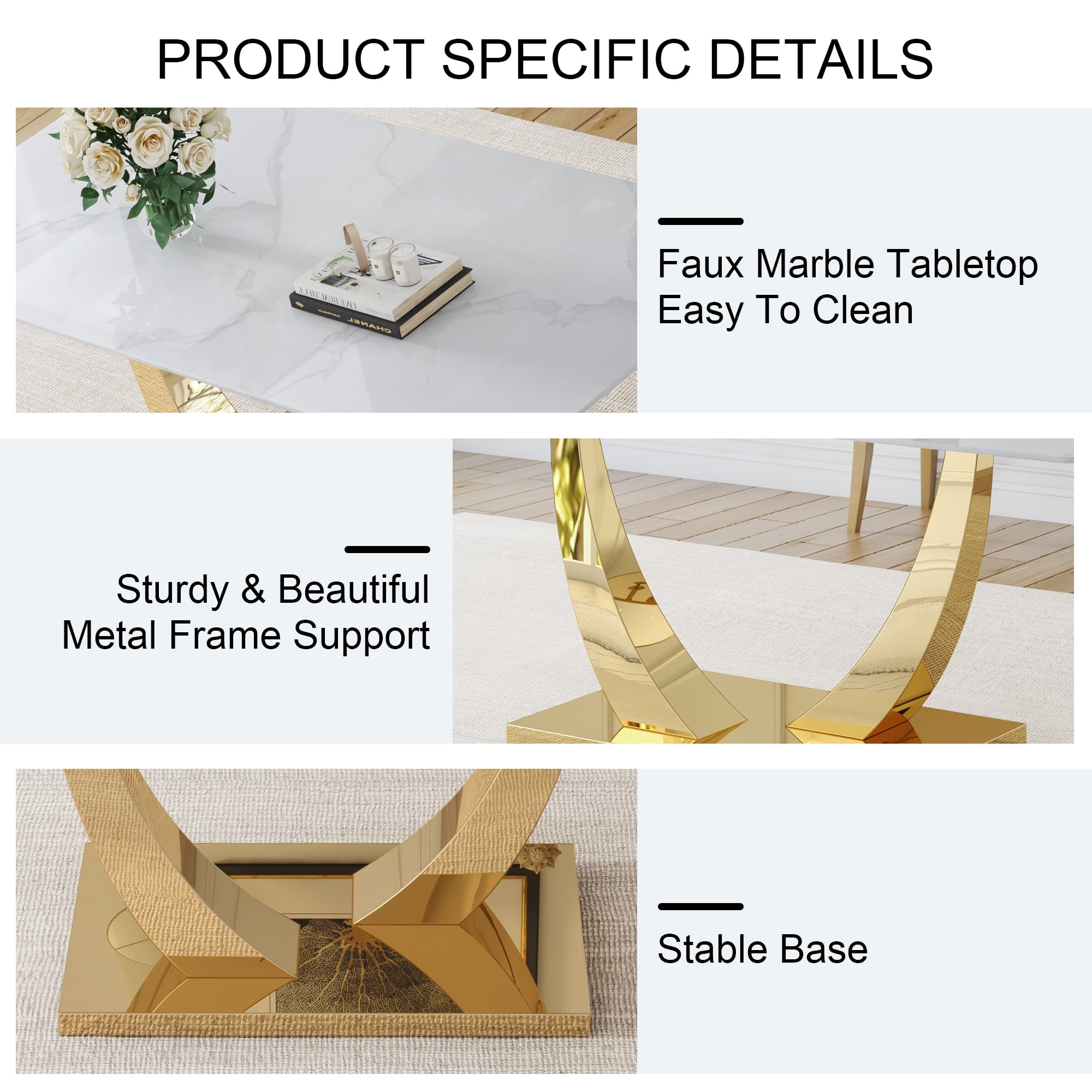 TesNus 71" Rectangular Dining Table, White Faux Marble Glass Top with Gold U Shaped Metal Base for Dining Room