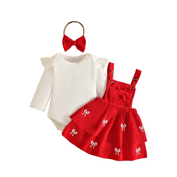 Staki Baby Girl Winter Clothes Toddler Girl Spring Outfit Long Sleeve Ruffle Romper Suspender Skirt Headband Set 0-24M,12-18 Months