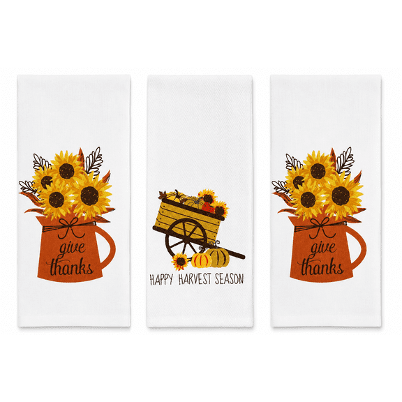 Serafina Home Thanksgiving Kitchen Dish Hand Towels: Sunflowers Happy Harvest Season, 100% Cotton 15" x 25"