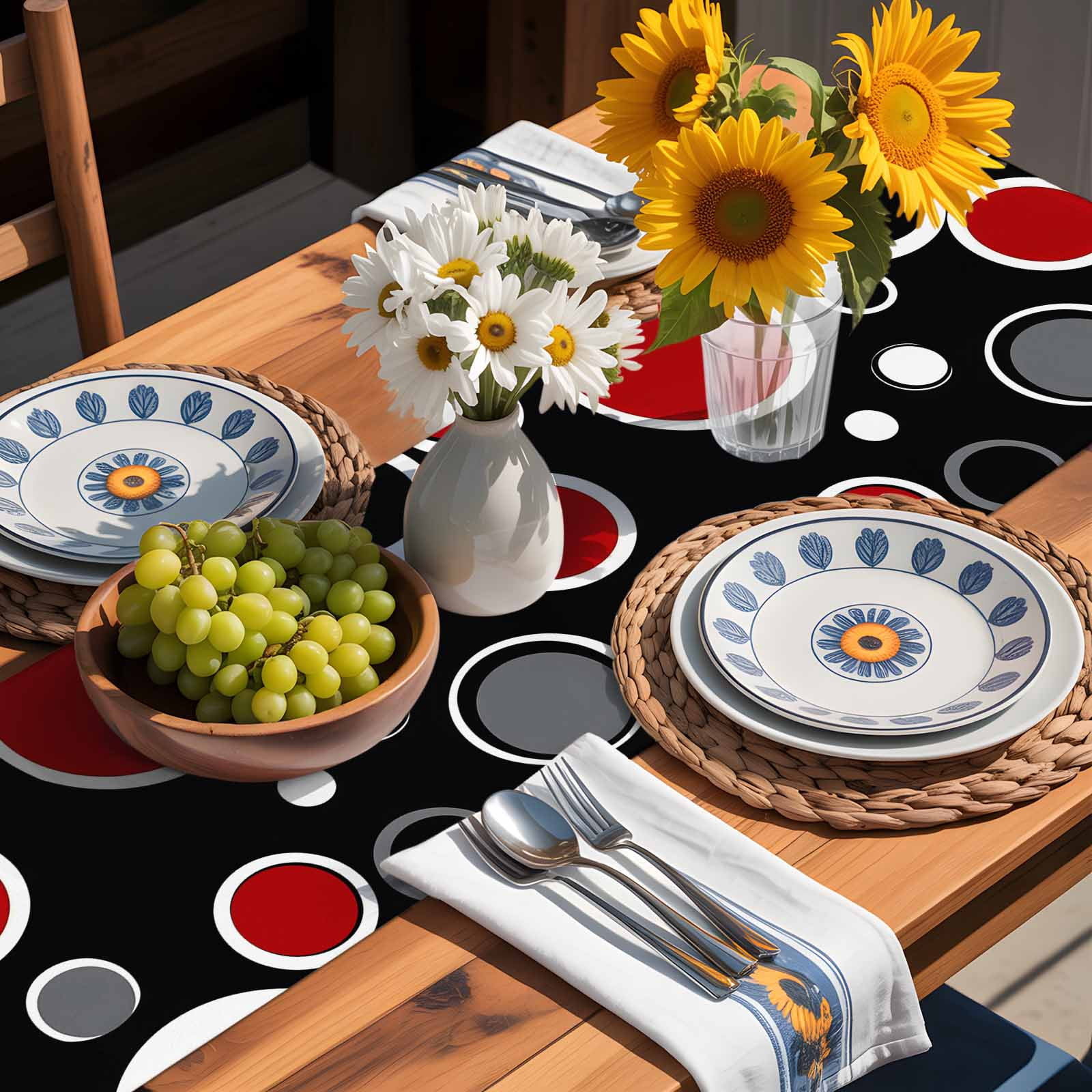Abstract Red Black Circle Table Runner 90 Inches Long, Color Block on Black Table Runners Tabletop Scarf Kitchen Dining Tables Decoration for Home Party Indoor Outdoor