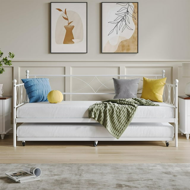 AKDSteel Lit de Jour Format Simple, Cadre de Lit de Jour en Métal avec Tiroir-Lit, Lattes Métalliques Robustes, Base de Matelas Plateforme Canapé-Lit avec Roulettes Verrouillables pour Chambre, Salon, Chambre d'Amis