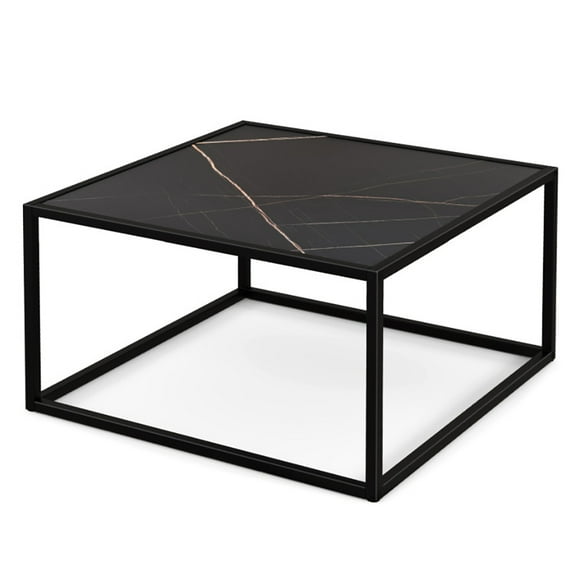 Topcobe Modern Glass Square Coffee Table with Metal Frame for Living Room, Unique Low Coffee Tables, Stylish Design, Black