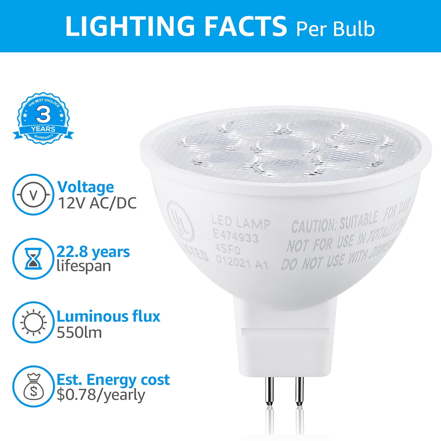 18 Pack MR16 LED Light Bulb, GU5.3 Bi-Pin Base, 50W Halogen Equivalent, 6.5W Spotlight Bulb, 550lm, 5000K Daylight