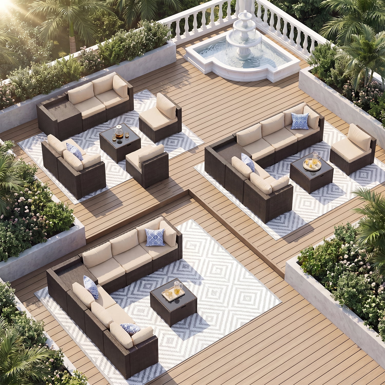 BaPiPro 8-Piece Brown Rattan Patio Sectional Sofa Set with Khaki Cushions, Dual Storage Design, Modular Outdoor Conversation Furniture for Backyard, Garden, Poolside