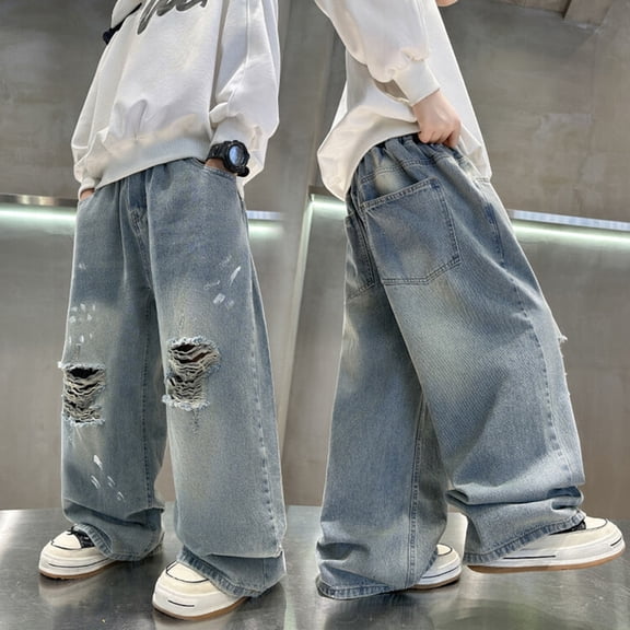 LRen Jeans for Boys High Waisted Stretch Elastic Waist Casual Demin Pants Boy Loose Fit Classic Fashion Long Trousers Streetwear with Pockets,Blue,10-11 Years