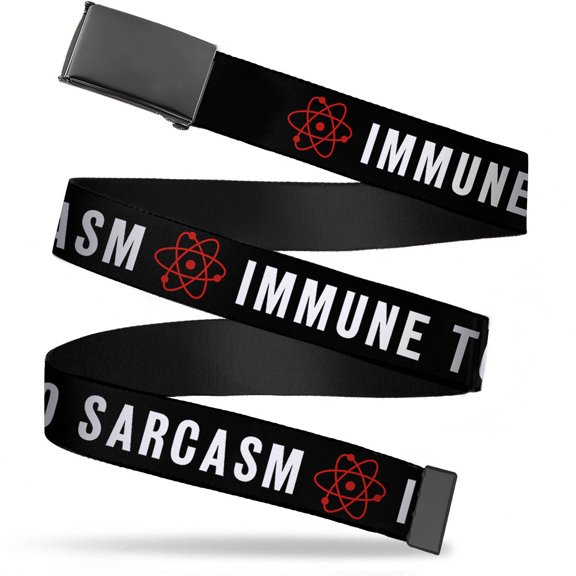 Adjustable Belt, Clamp Buckle, Cut-to-Fit, Immune to Sarcasm Atom Black White Red