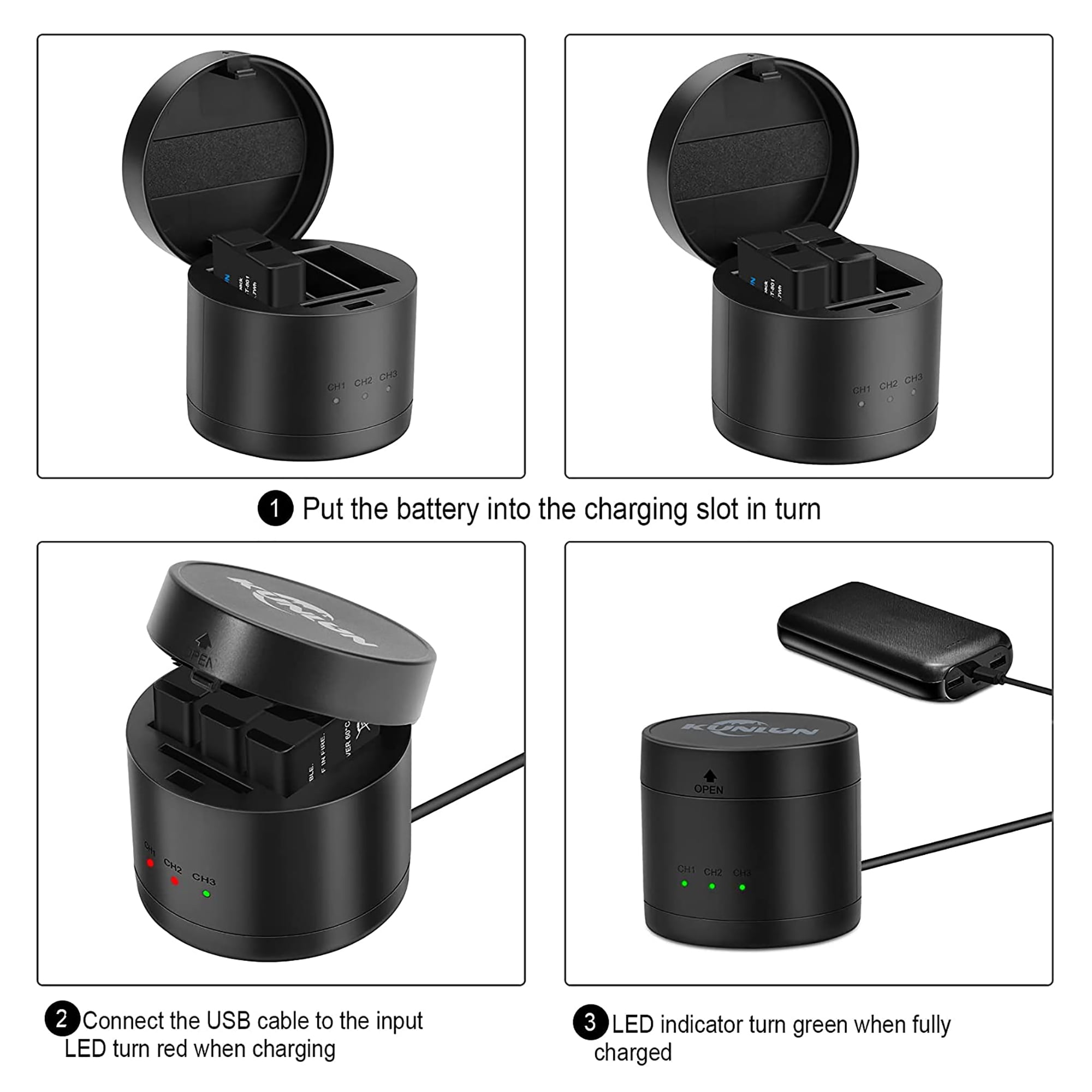 3-Pack Battery and 3 Charger for Gopro Hero 8 Black, Hero 7 Black, Hero 6 Black Action Camera