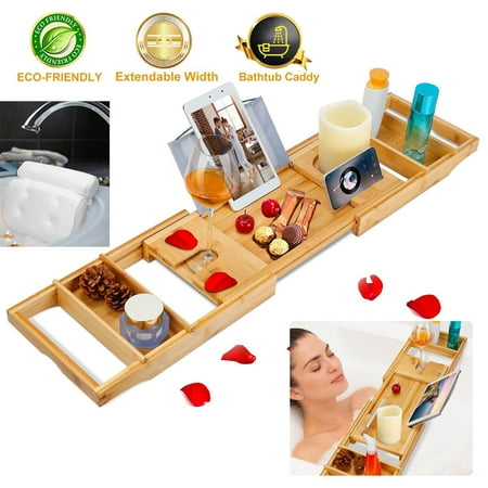 

Bathtub Caddy Tray Bamboo Spa Bath Tub Wine Glass Tablet Holder & Bathtub Pillow