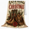 thumbnail image 2 of Merry Cowgirl Christmas Vintage Western Holiday Evergreen Cowboy, Festive Holiday Scene, Warm Flannel Blanket for Living Room and Reading Nook, Art Lovers Christmas Gift, Festive Home Decor, 2 of 9