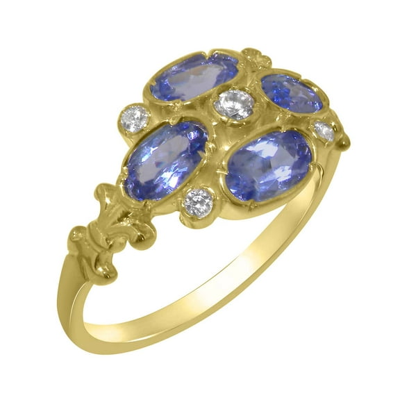 LBG British Made 9k Yellow Gold Synthetic Cubic Zirconia & Natural Tanzanite Womens Statement Ring - 33 size options - Size 10