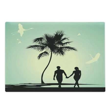 

Romantic Cutting Board Married Couple Walking on the Beach Tropical Fauna and Flora Decorative Tempered Glass Cutting and Serving Board Large Size Pale Green Seafoam Black by Ambesonne