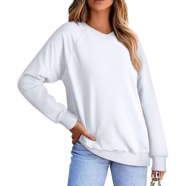 Plebaso Chandails en Molleton Décontractés à Manches Longues Col en V pour Femmes Pull Confortable Couleur Unie