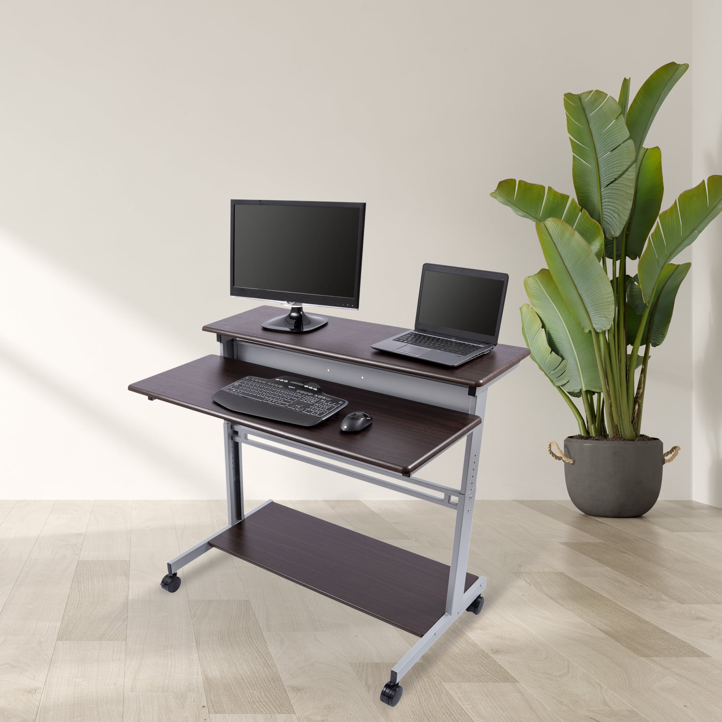 Stand Up Desk Store Rolling Adjustable Height Two Tier Standing Desk Computer Workstation (Silver Frame/Dark Walnut Top, 48