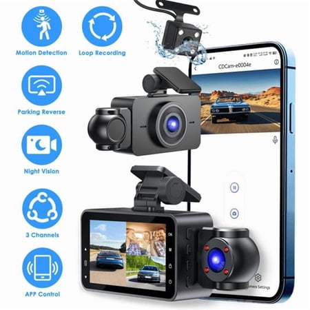 inQ Products D0102X3TE3A 140 Deg 3 Channel Dash Cam for Cars, 1080P Full HD Front Camera with 480P Interior & Rear Cameras