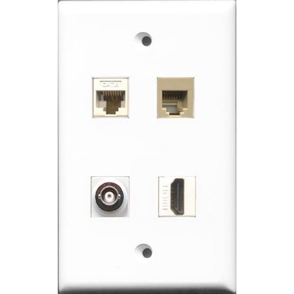 RiteAV 1 Port HDMI and 1 Port Phone RJ11 RJ12 Beige and 1 Port BNC and 1 Port Cat6 Ethernet White Wall Plate