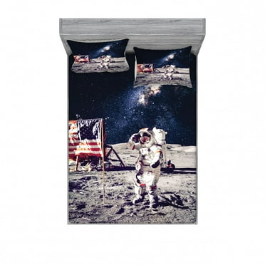 Galaxy Bedding Set with Sheet & Covers, American Cosmonaut with USA Flag on Moon Digital Pilot Space Discovery Photo, Printed Bedroom Decor 2 Shams, 4 Sizes, Grey Dark Blue, by Ambesonne