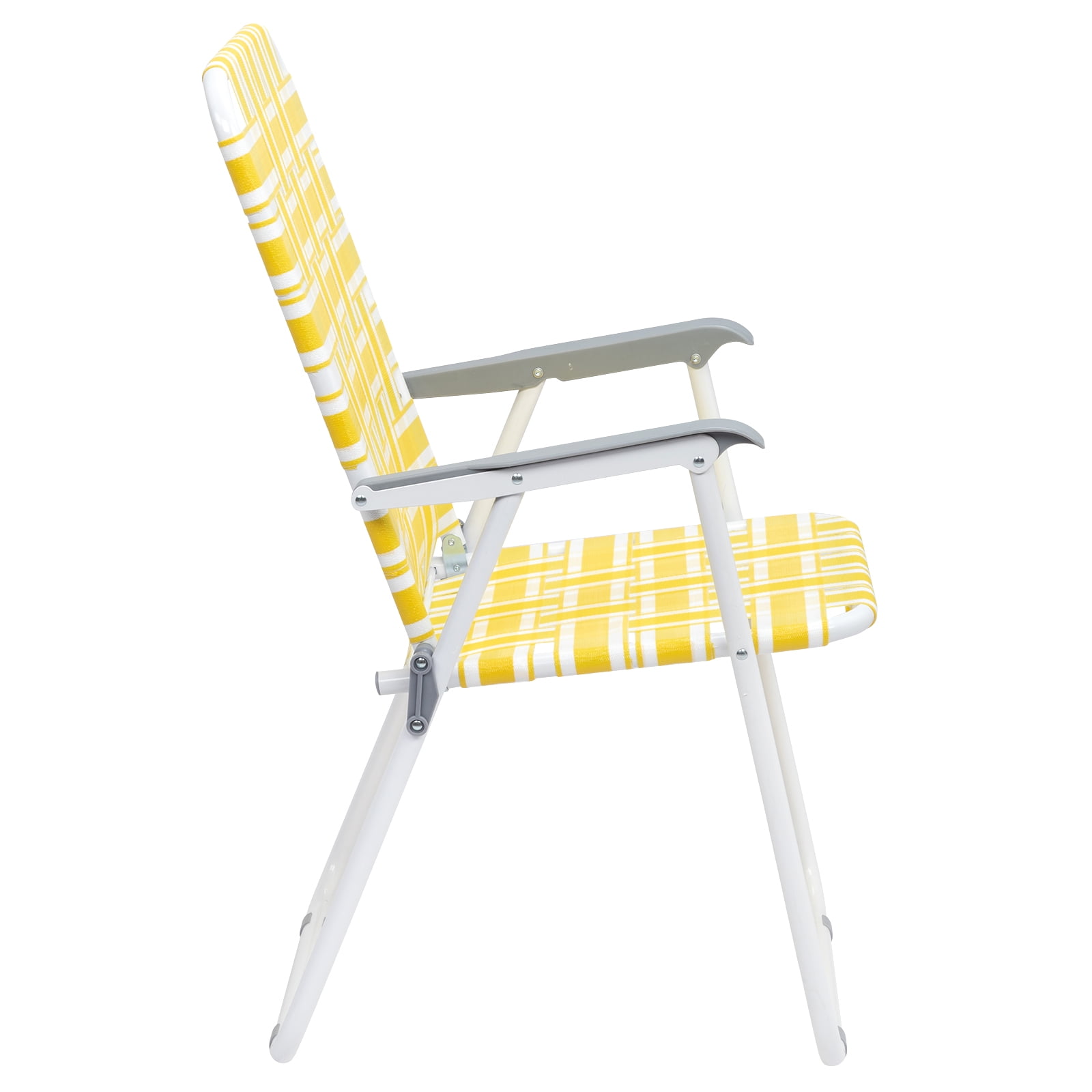 2Pcs Folding Beach Chair, Steel Tube PP Webbing Bearing 120kg, Yellow & White Strip