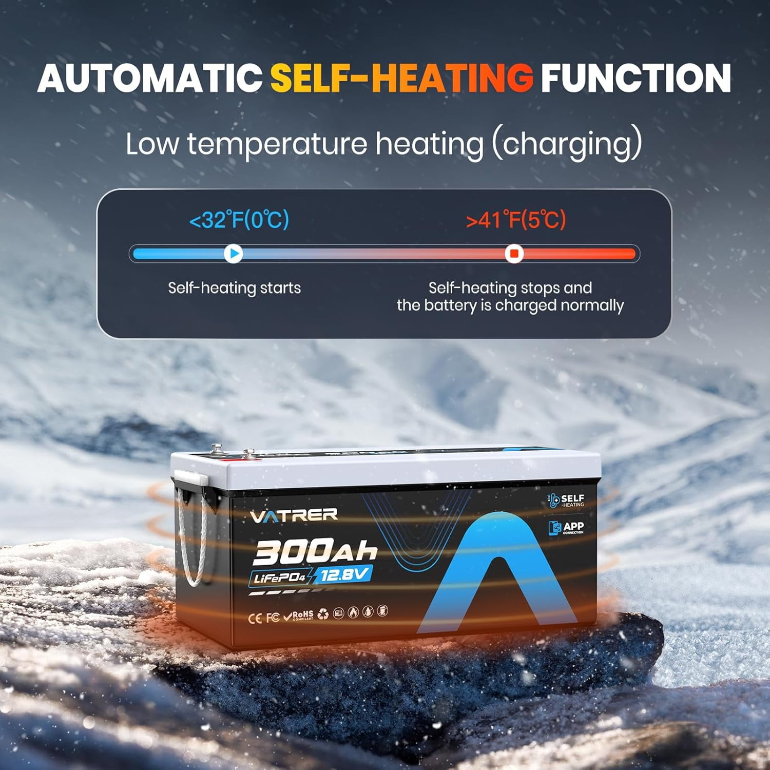 VATRER POWER 12V 300AH Power Battery with Self-Heating, Supports Low Temp Charging(-4°F), 5000+ Cycles, Built-in 200A BMS for RV and Off-Grid