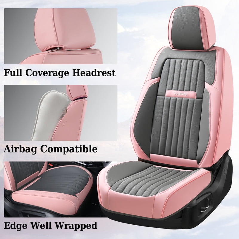 Coverado Car Seat Covers 2 Seats, Waterproof Faux Leather Front Seat Protectors, Auto Interior Cushions Universal Fit for Most Cars, Pink&Gray