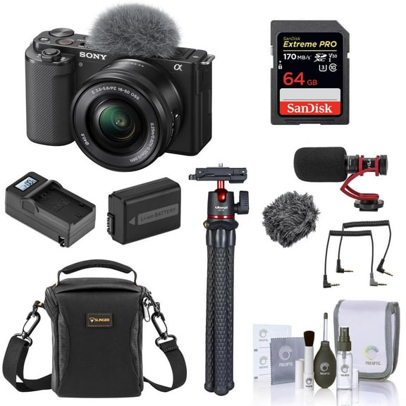 Sony ZV-E10 Mirrorless Vlog Camera with 16-50mm Lens, Black - Bundle with 64GB SD Card, Shoulder Bag, Mic, Tripod, Extra Battery, Charger, 40.5mm Filter Kit, Cleaning Kit