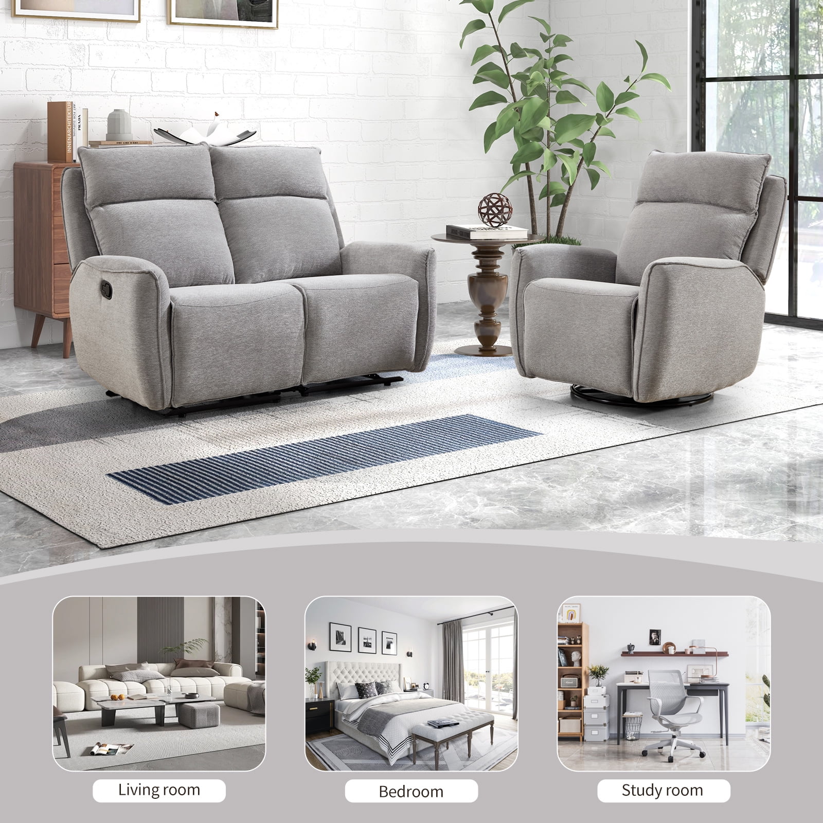 Bonzy Home Fabric Manual Recliner Sofa Set — Single Recliner & Loveseat with Center Console, Hidden Storage & Cup Holders