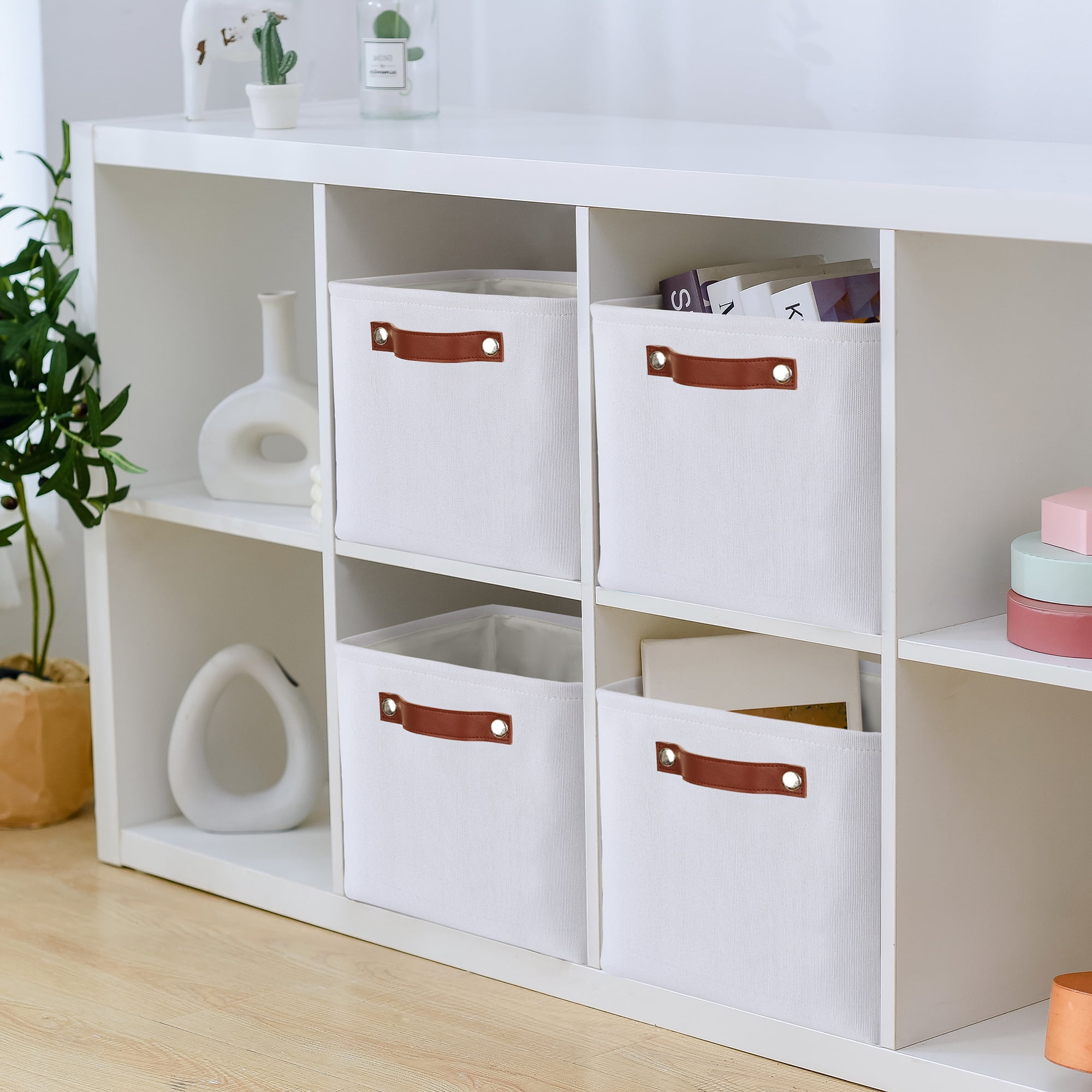 Tegance 13x13 Storage Cubes Baskets 4 Pack Fabric Cube Storage Bins Large Storage Baskets with Leather Handles,Decorative Storage Boxes for Organizing Shelves(White)