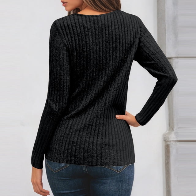 MHFRRA Camiseta Holgada de Manga Larga con Aberturas para Mujer, Informal, de Otoño, con Cuello Acanalado Negro