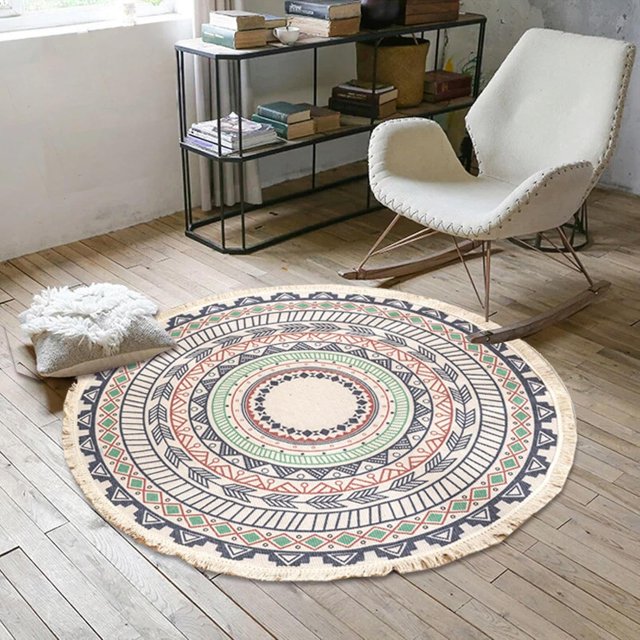 Vintage Design Rug,Cotton and Linen Circular Floor Mat,Non Slip Rugs for Living Room Bedroom Carpet,Home Decor Office, Round 36" 47" 59" 71",Machine Washable