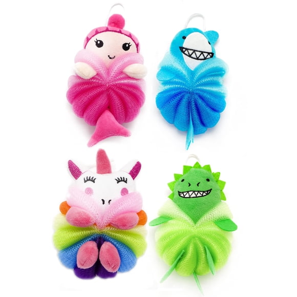 MURRI&MURRDI 4 Piezas Esponja de Baño para Niños Esponja de Baño Precioso Animal Body Scrubber Niños Niños Pequeños Esponja Corporal Lindo Dibujos Animados Niños Puf de Baño Esponja de Malla Esponja p