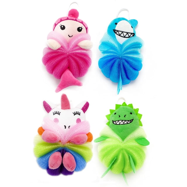 MURRI&MURRDI 4 Piezas Esponja de Baño para Niños Esponja de Baño Precioso Animal Body Scrubber Niños Niños Pequeños Esponja Corporal Lindo Dibujos Animados Niños Puf de Baño Esponja de Malla Esponja p