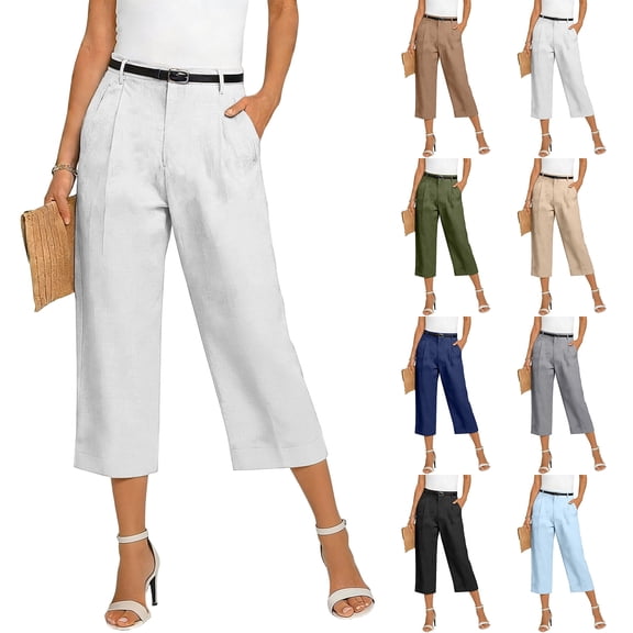 Women's Cotton Linen Cropped Pants High Waist Pleated Casual Capris with Pockets Office Capri Pants White M