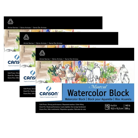 Canson Artist Series Montval Watercolor Block, Foldover Binding, 15 Sheet, 4x6 inch, Pack of 3
