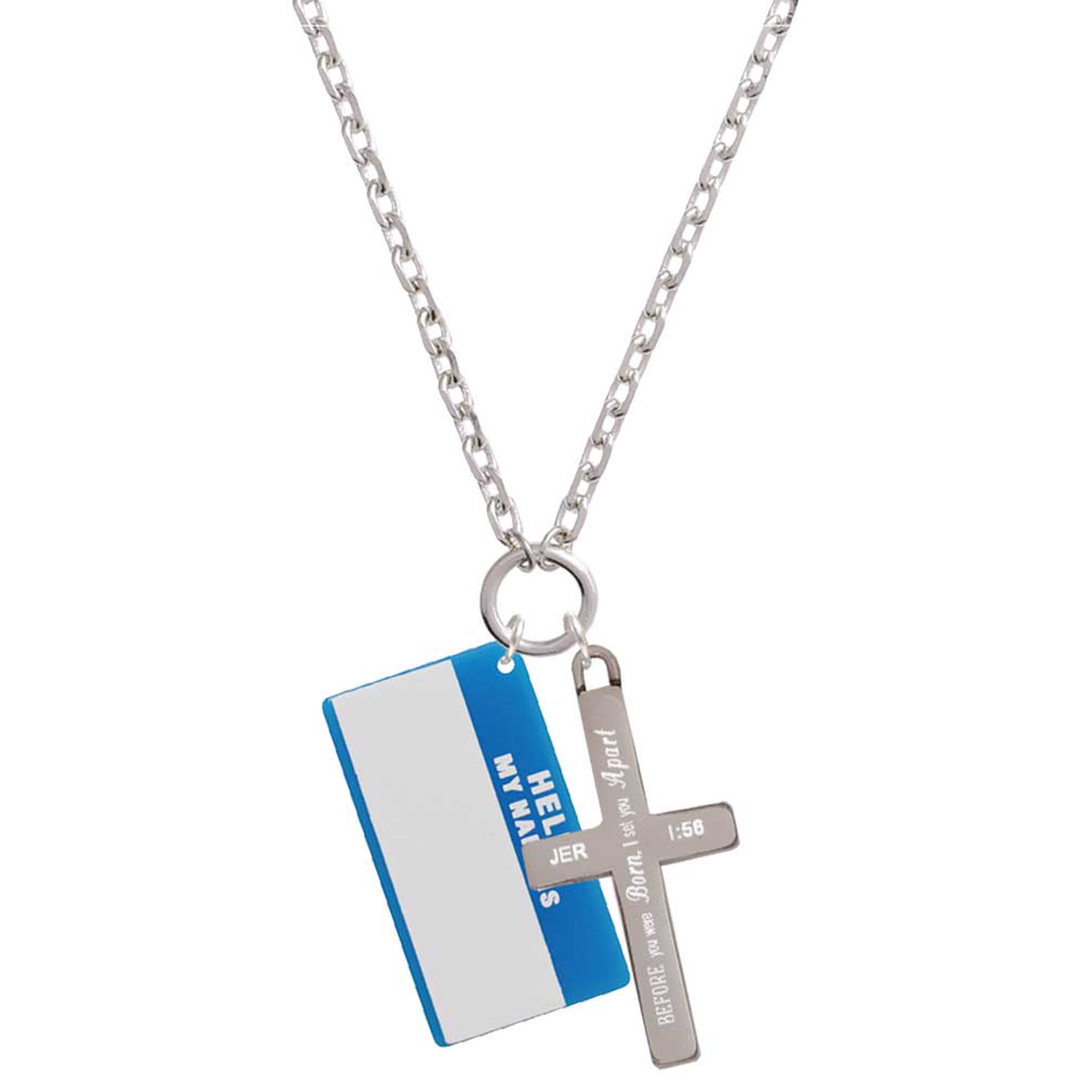 Delight Jewelry Acrylic Blue "Hello" Name Tag I Set You Apart Engraved Cross Zoey Necklace, 28"