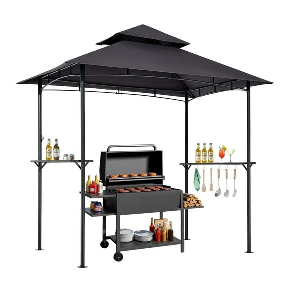 Wqmh Grill Gazebo, 8 x 5 ft Outdoor BBQ Gazebo with Double-Tiered Roof, Powder-Coated Steel Patio Grill Shelter with 2 Side Shelves & 8 Hooks, Grilling Canopy for Patio Backyard Garden Picnic