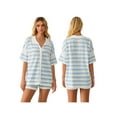 thumbnail image 3 of FOCUSNORM Women Pajamas Set 2 Pieces Loungewear Suits Stripe Contrast Color Button Crochet Knit Tops and Shorts Lounge Sets, 3 of 9