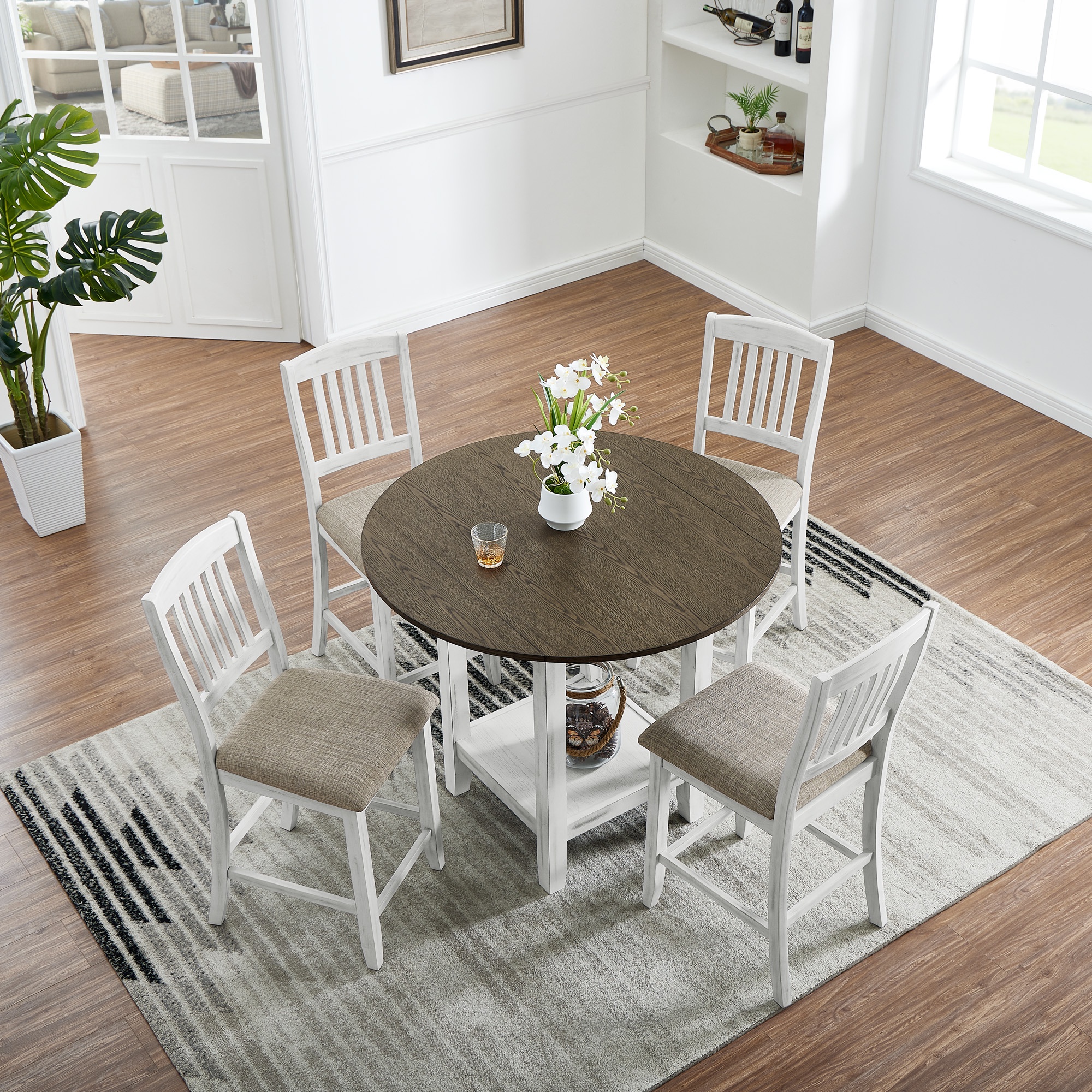 PORKISS Round Large Dining Table Sets for 4, Solid Wood Extendable Kitchen Table Set with 4 Upholstered Chairs, Dining Room Set with Storage Space, Brown White #2