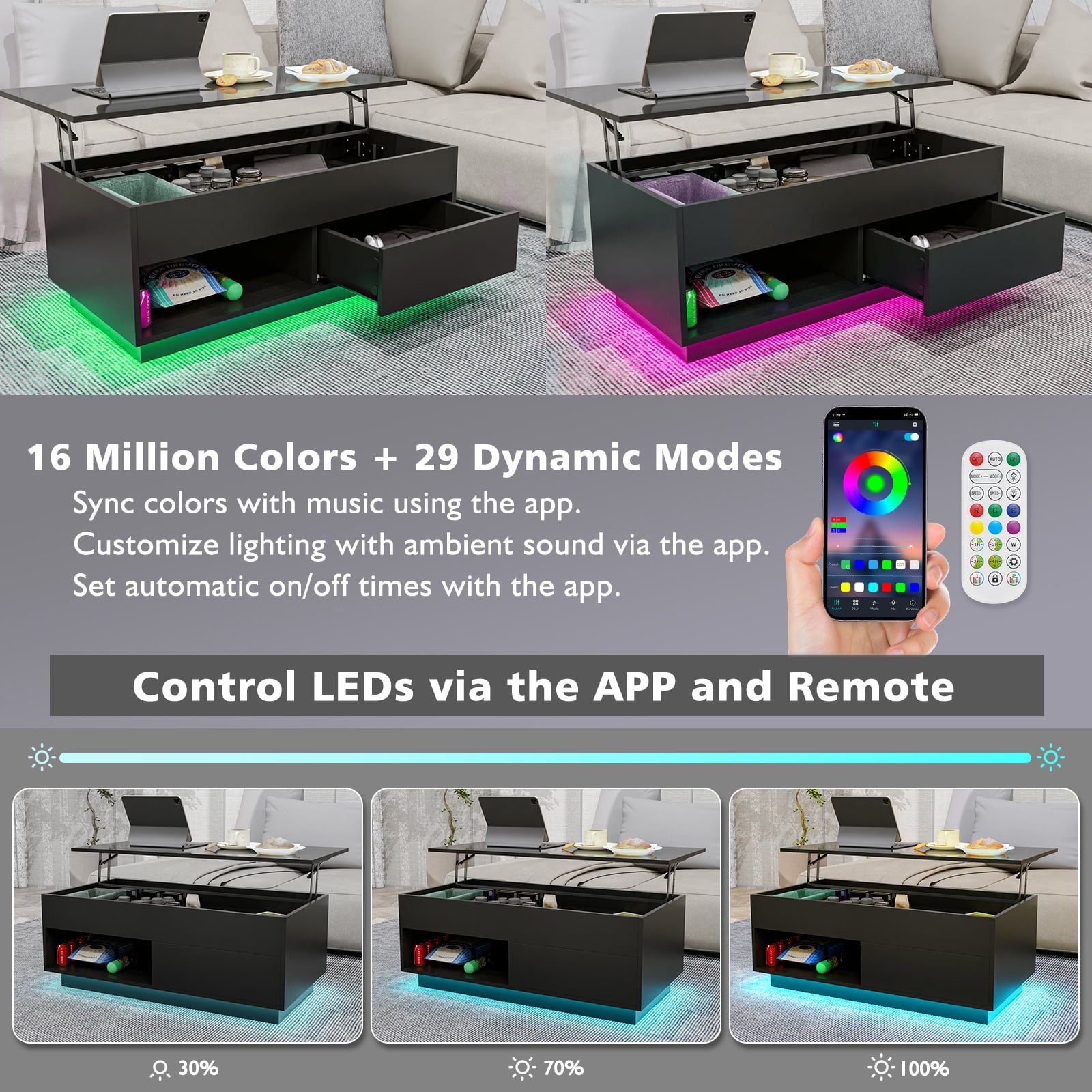 Hommpa 40'' Lift Top Coffee Table with LED Lights Modern High Gloss End Table with Rising Top, Hidden Storage Drawer & Open Shelf