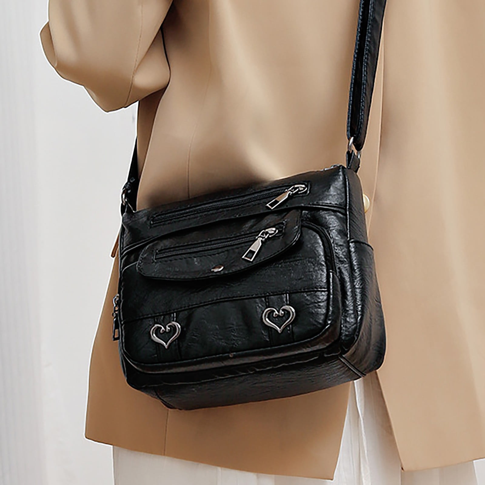 Crossbody Bags for Women Pocketbooks Soft PU Leather Purses and Handbags Multi Pocket Vintage Shoulder Bag with Heart Decor Black