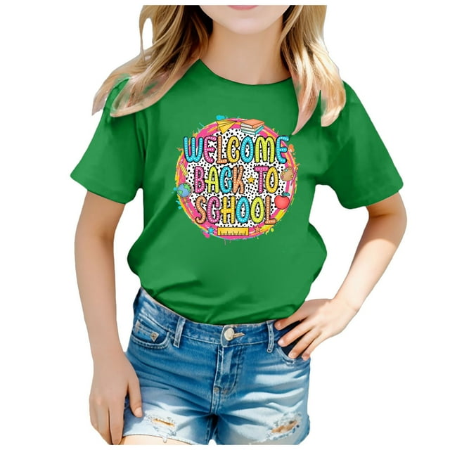 WEAIXIMIUNG Vêtements pour Enfants 9-10 Filles Mignons Enfants Saison de Rentrée Imprimé Graphique Col Rond Manches Courtes T-Shirt Décontracté d'Été