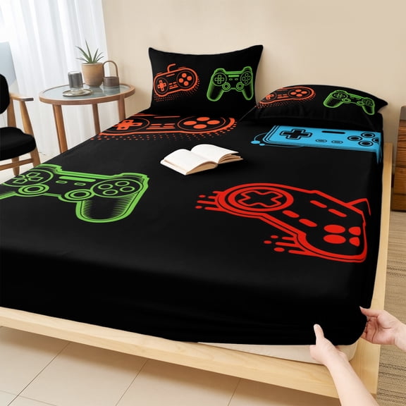 Cal.King Size Fitted Sheet Set - Game Controller 3 Piece Bedding Sets 16" Deep Pocket Fitted Sheet with 2 Pillowcases, Modern Art Gaming Handheld Black Brushed Microfiber Hotel Luxury Bed Sheets