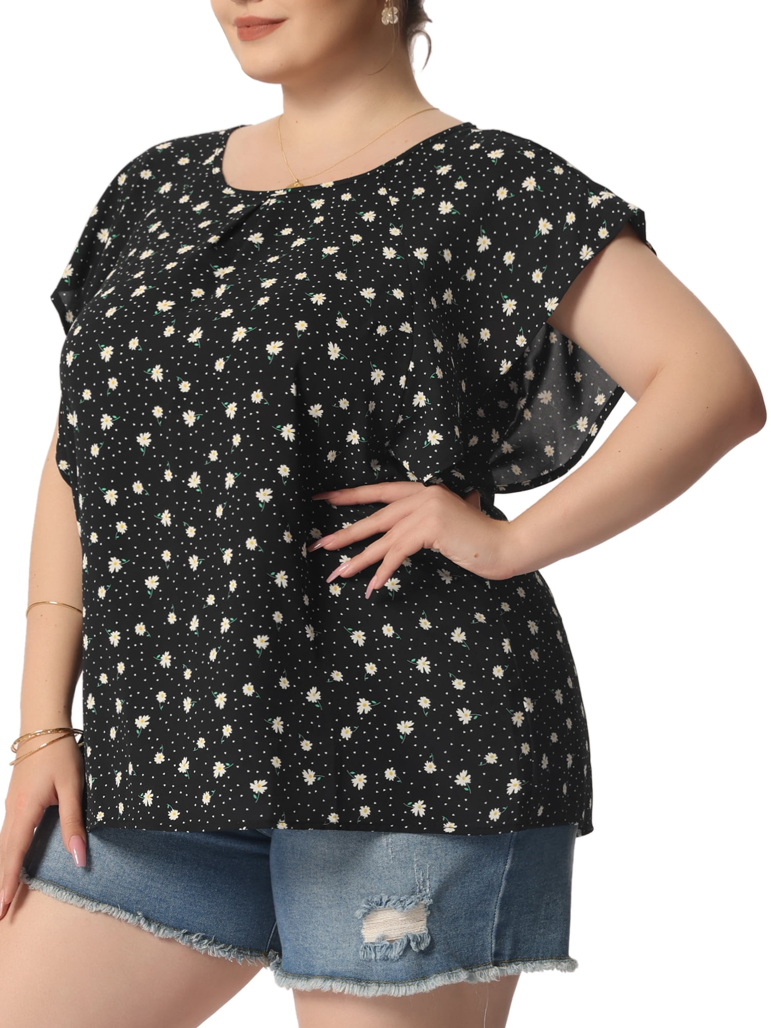 Unique Bargains Women's Plus Size Outfits Flare Short Sleeve Polka Dots Chiffon Blouse