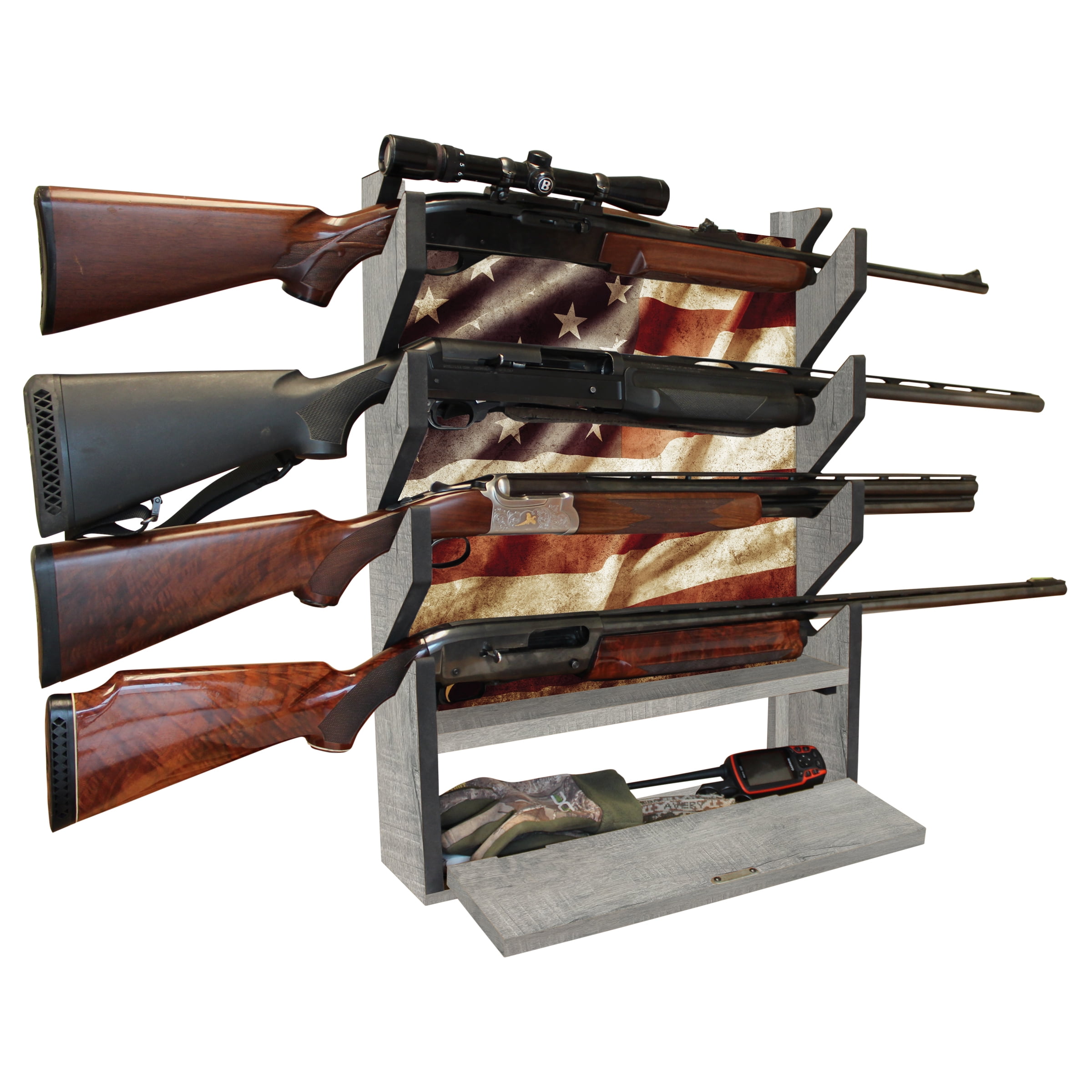 Classic Designed Solid Wooden 4 Gun Wall Rack with Fully-locking Drawer 