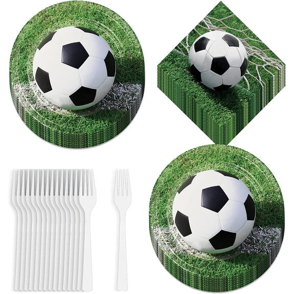 Soccer Party Supplies - Soccer Ball Paper Dinner Plates, Luncheon Napkins, and Forks (Serves 16)