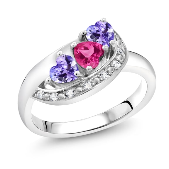 Gem Stone King 925 Sterling Silver Pink Created Sapphire and Blue Tanzanite and White Created Sapphire Engagement Ring for Women (1.02 Cttw, Gemstone September Birthstone, Heart Shape 4MM, Size 8)