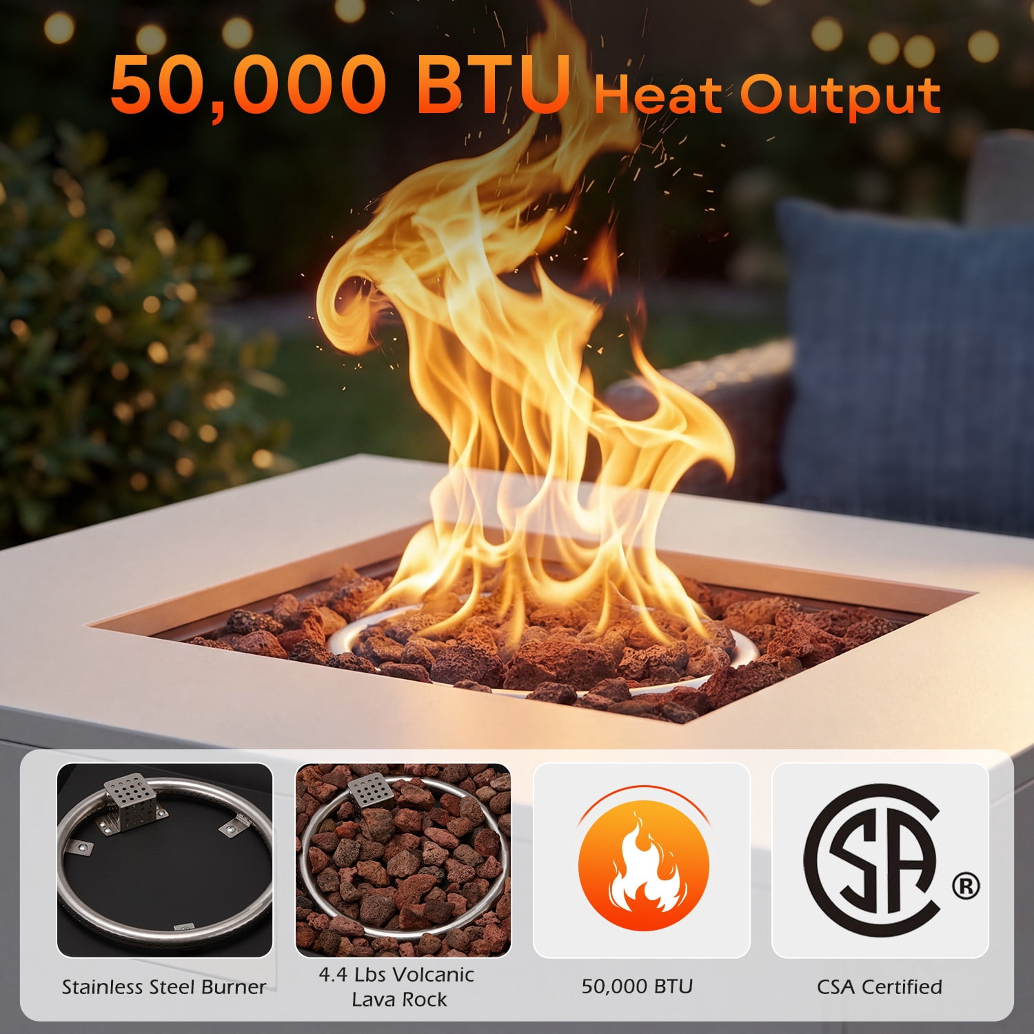 Danrelax 2-Piece 32" Square Propane Fire Pit Table with Tank Holder, 50,000 BTU Outdoor Gas Fire Pit with Lid, Lava Rocks and Weather-Resistant Cover, Grey